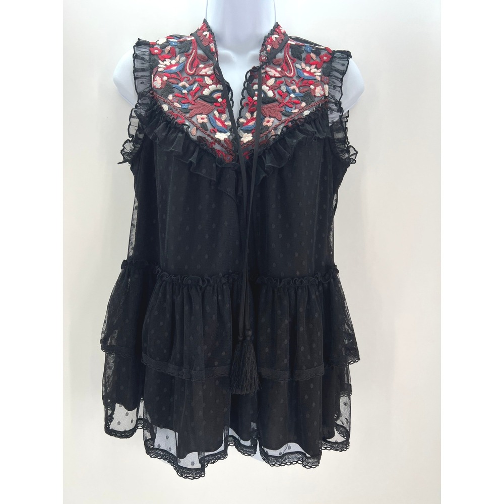 Kate Spade New York Black Swiss Dot Mesh Floral Embroidered Tassel Top Small